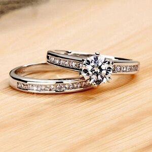 NWT 18K White Gold Plated S925 Zirconia Couple Engagement Ring Set Size 9‌‌